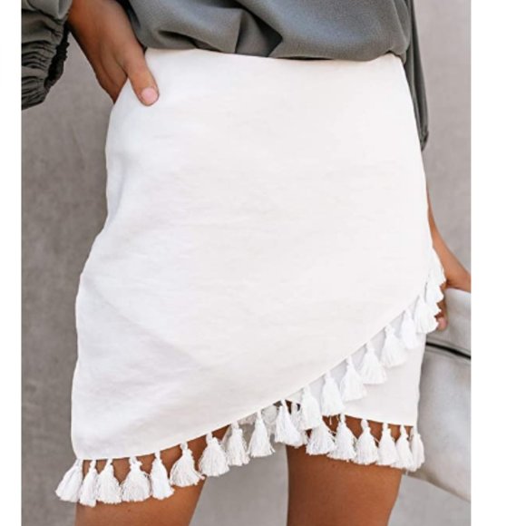 Womens High Waist Wrap Front Tassel Hem Mini Skirt - Picture 2 of 6